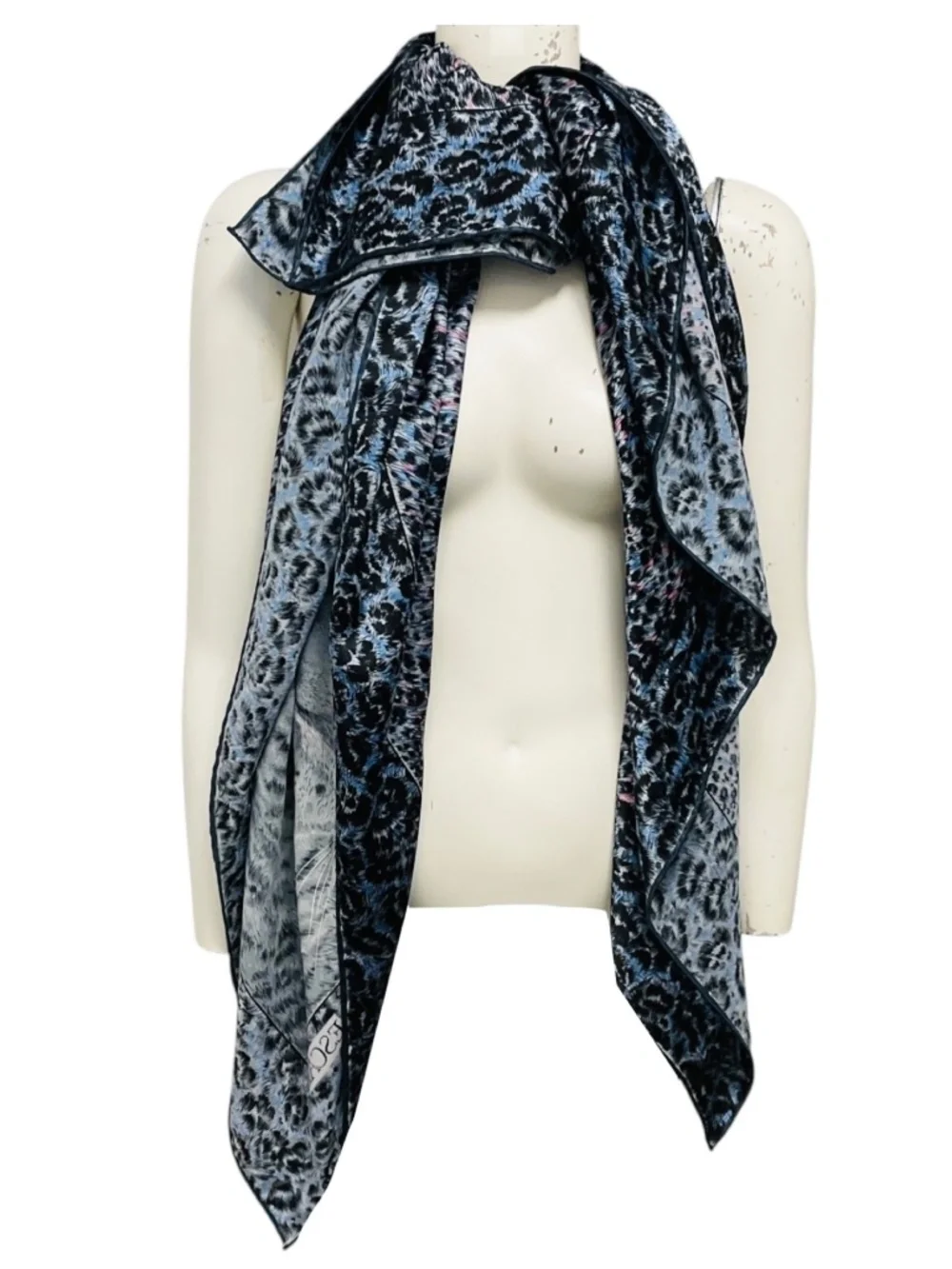 ESCADA VINTAGE BLUE / BLACK / PINK MULTI TIGER PRINT LARGE SQUARE SILK SCARF